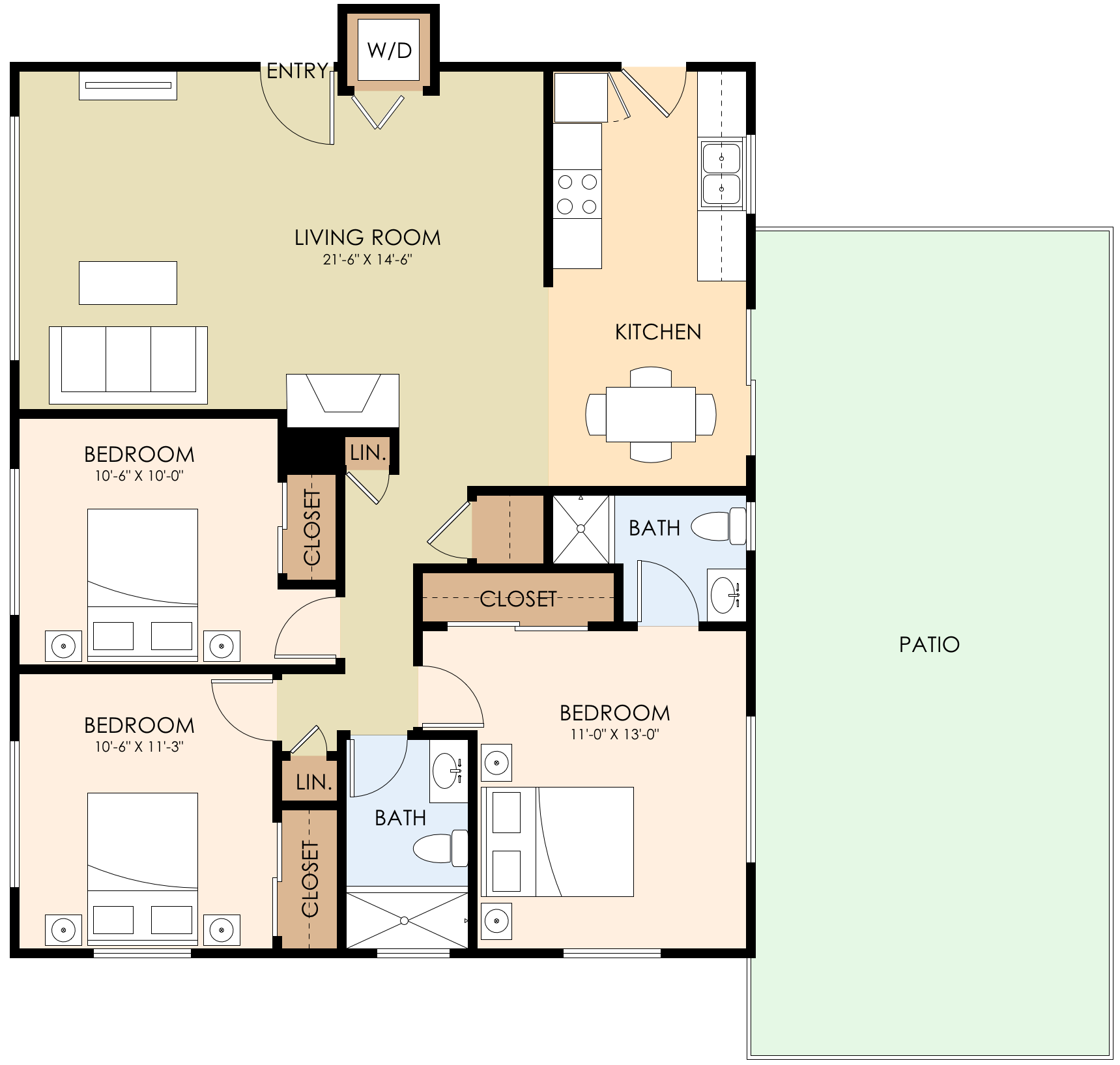 Floor plan for 3 beds, 2 baths, 1076 sqft